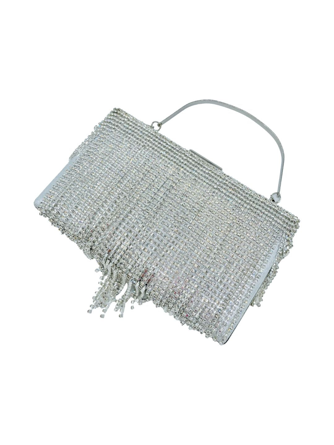 Pochette Clutch Rettangolare Frange Strass Argento 2329