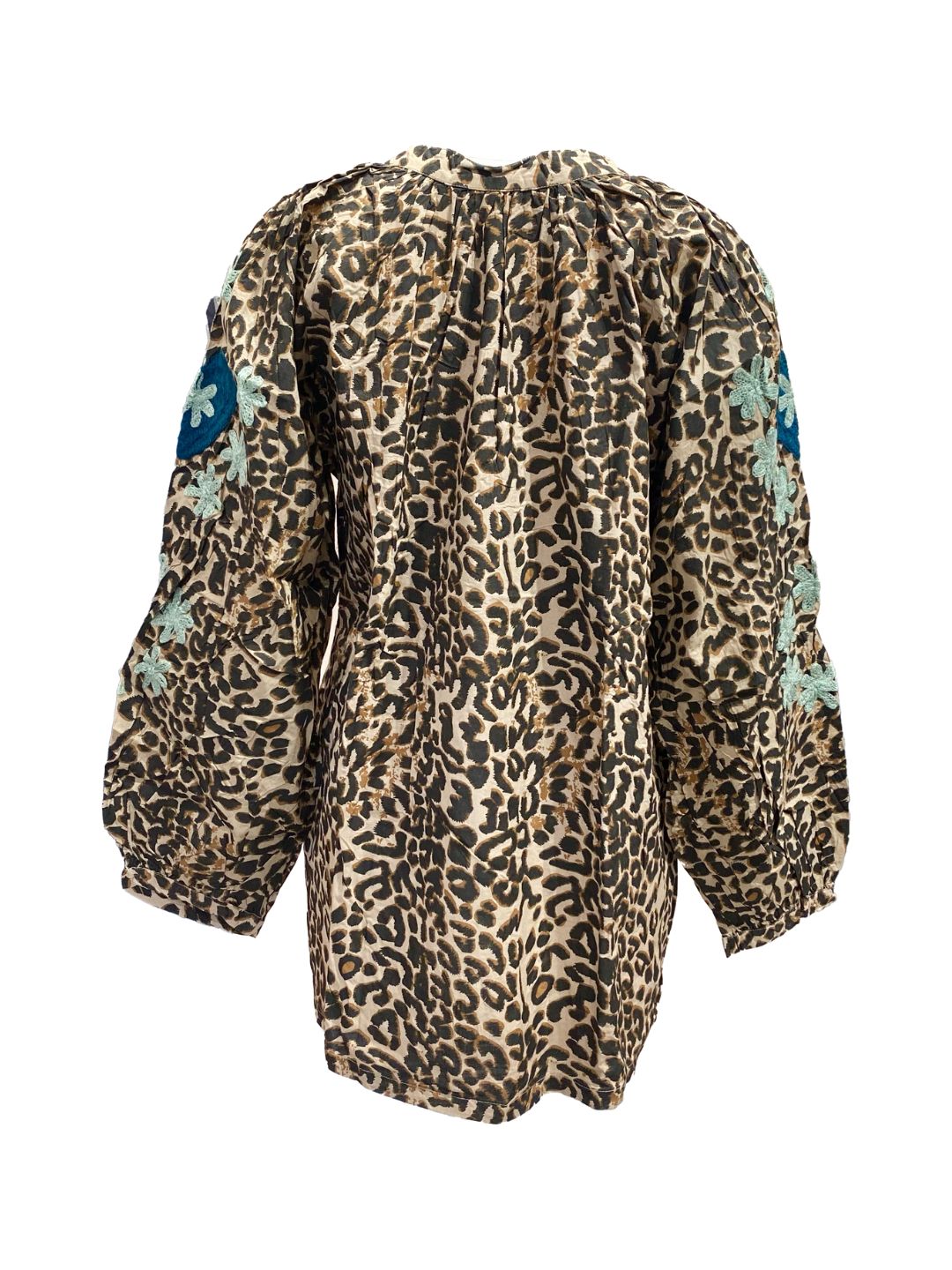 Blusa Donna Leopardata ricamata a mano Azzurro e Petrolio in cotone