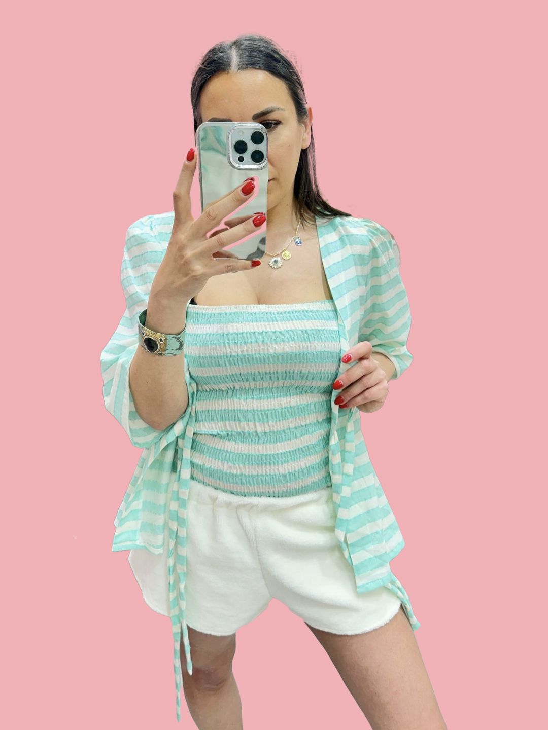 TOP punto smock righe verdi Ribes of LOVE