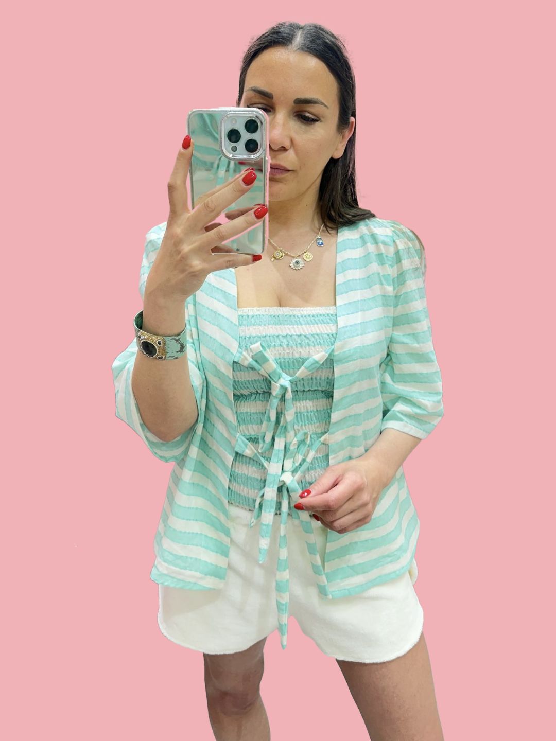 Camicia Fiocchi Scollo a V righe verdi Ribes of LOVE