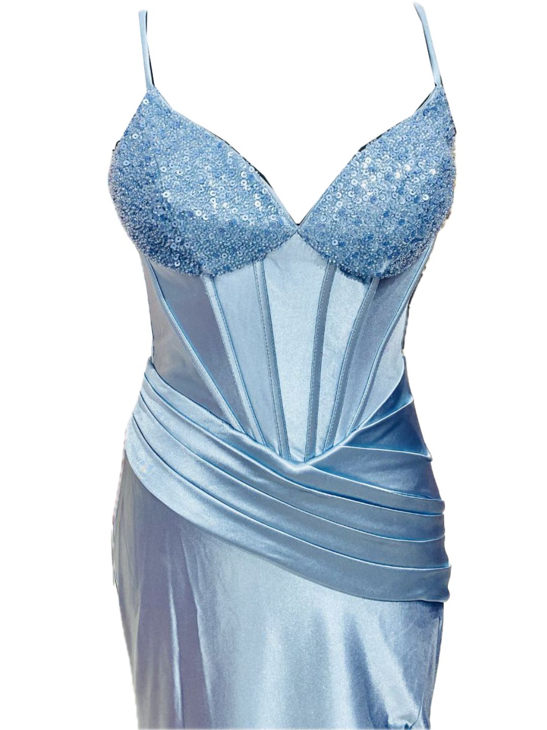 ABITO DA CERIMONIA ADERENTE IN RASO AZZURRO 701