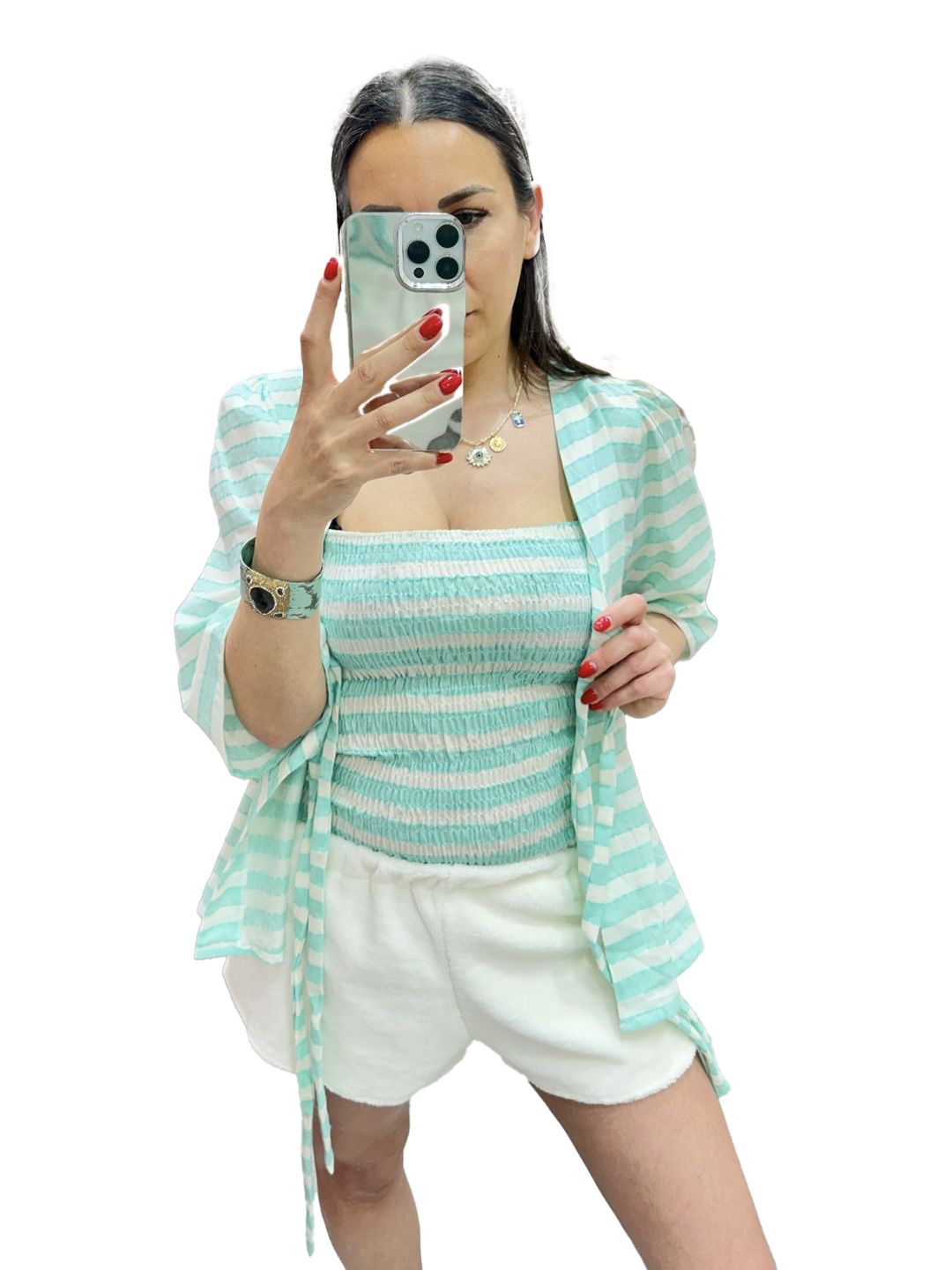 TOP punto smock righe verdi Ribes of LOVE