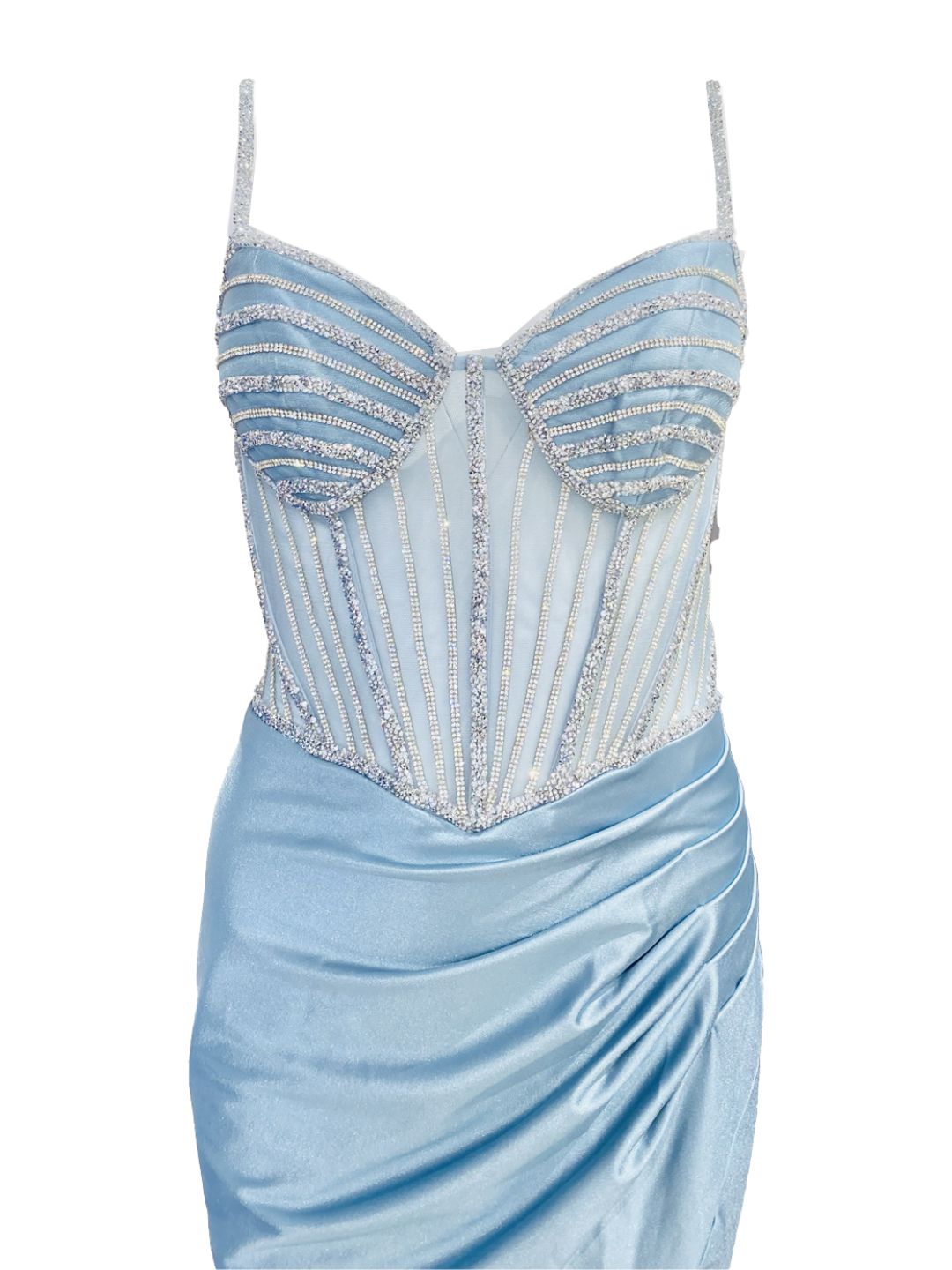 ABITO DA CERIMONIA ADERENTE IN RASO AZZURRO E STRASS 6619