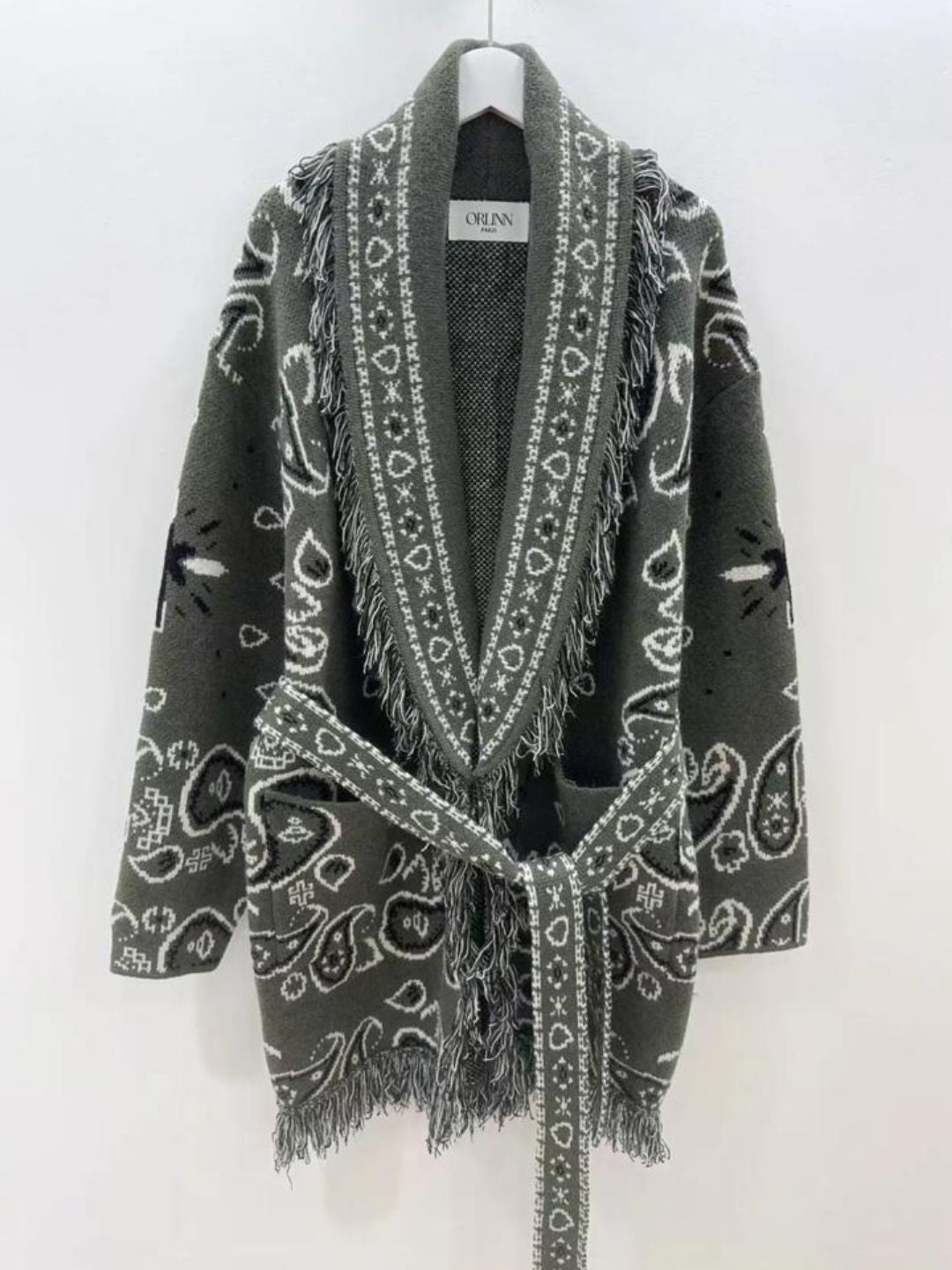 Cardigan Bandana con Frange Verde Militare