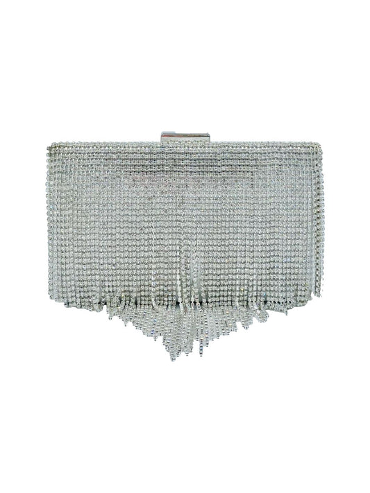 Pochette Clutch Rettangolare Frange Strass Argento 2329