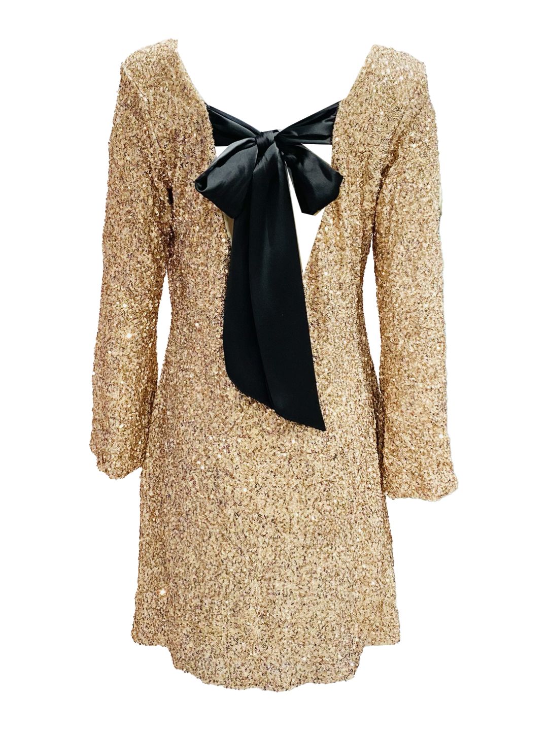 Abito Corto Paillettes Oro Rosa con Fiocco Nero