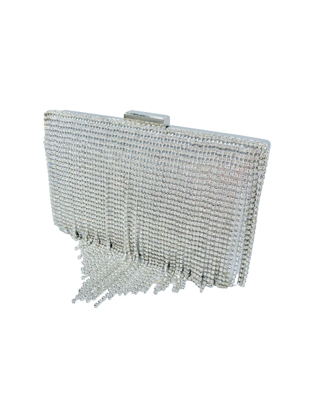 Pochette Clutch Rettangolare Frange Strass Argento 2329