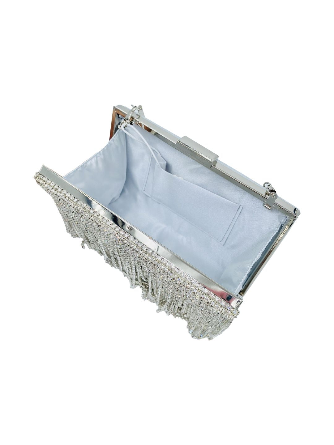 Pochette Clutch Rettangolare Frange Strass Argento 2329