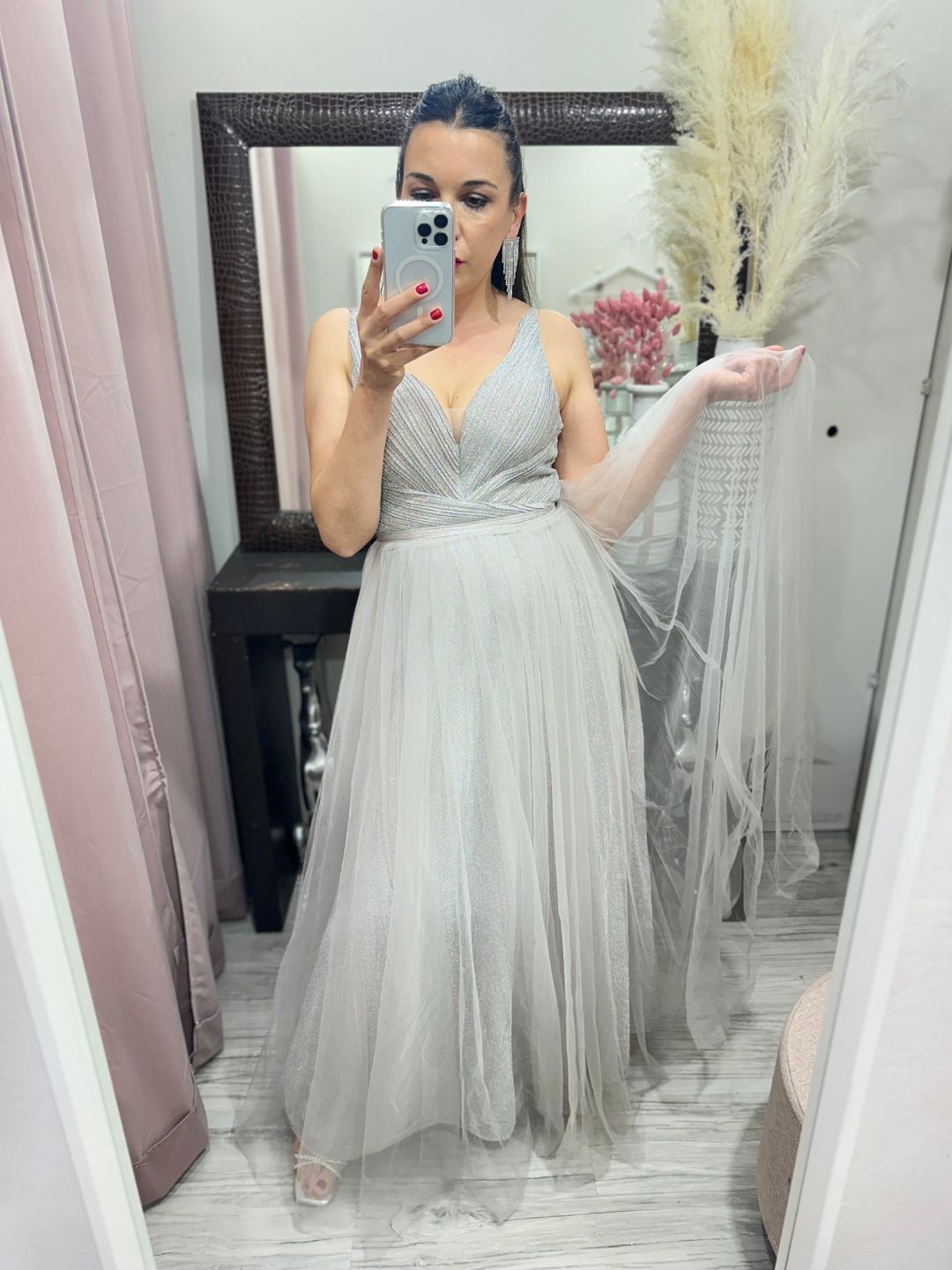 ABITO DA CERIMONIA ELEGANTE TULLE ARGENTO 9350 – Ribes of LOVE