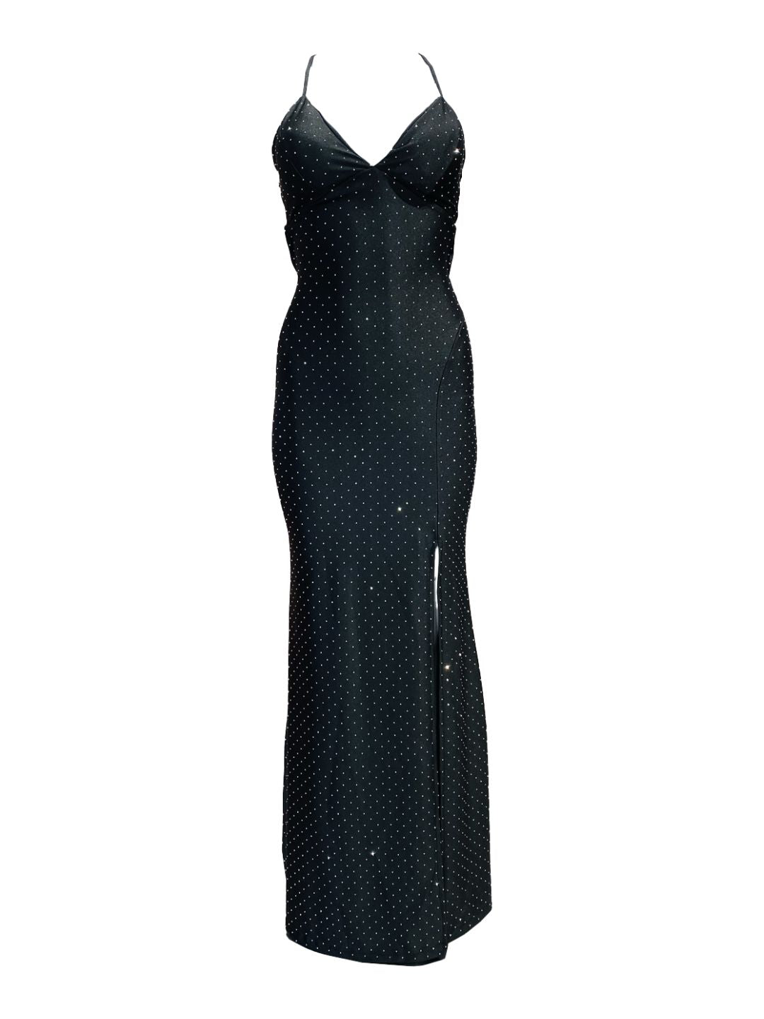 Abito Lungo Aderente Nero Con Micro Strass Argento 129431