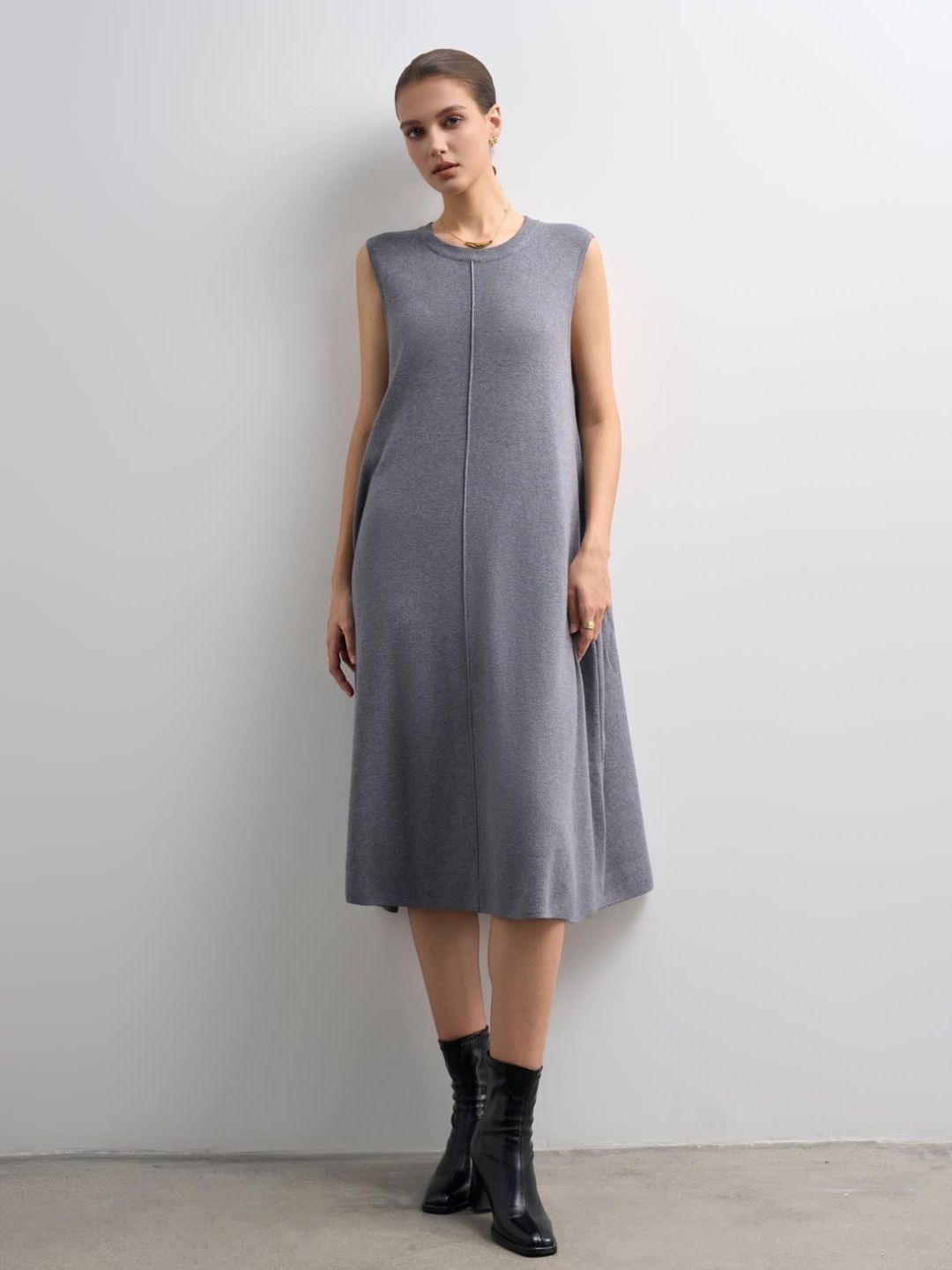 Abito Trapezio in Maglia Smanicato Grigio