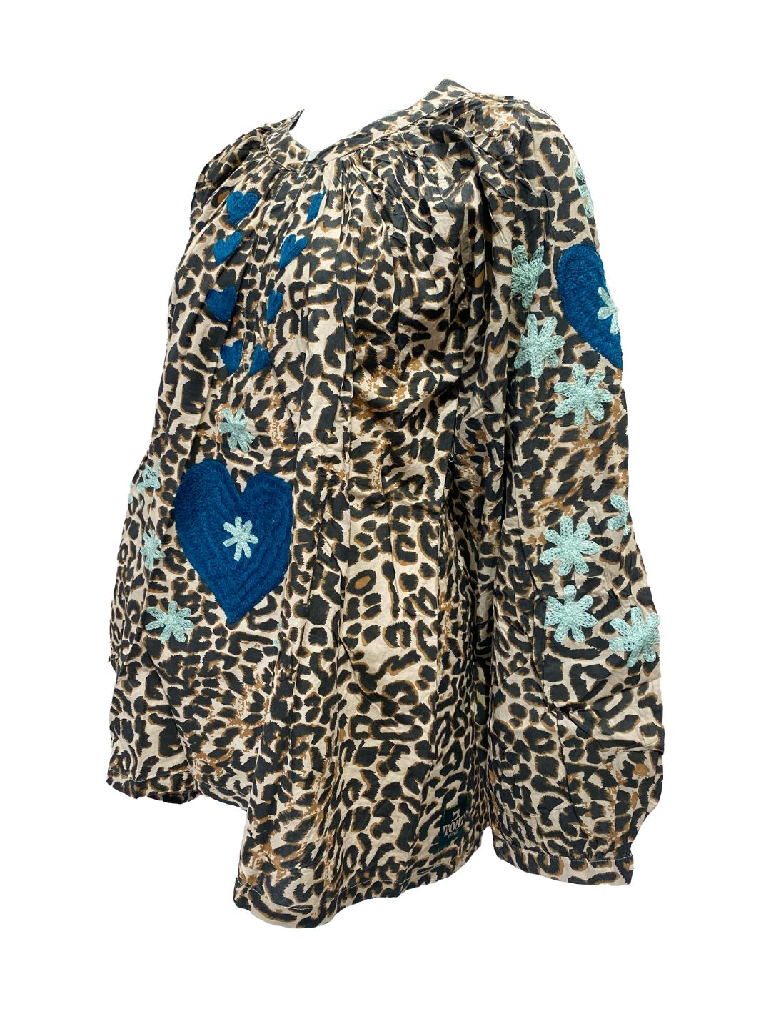 Blusa Donna Leopardata ricamata a mano Azzurro e Petrolio in cotone