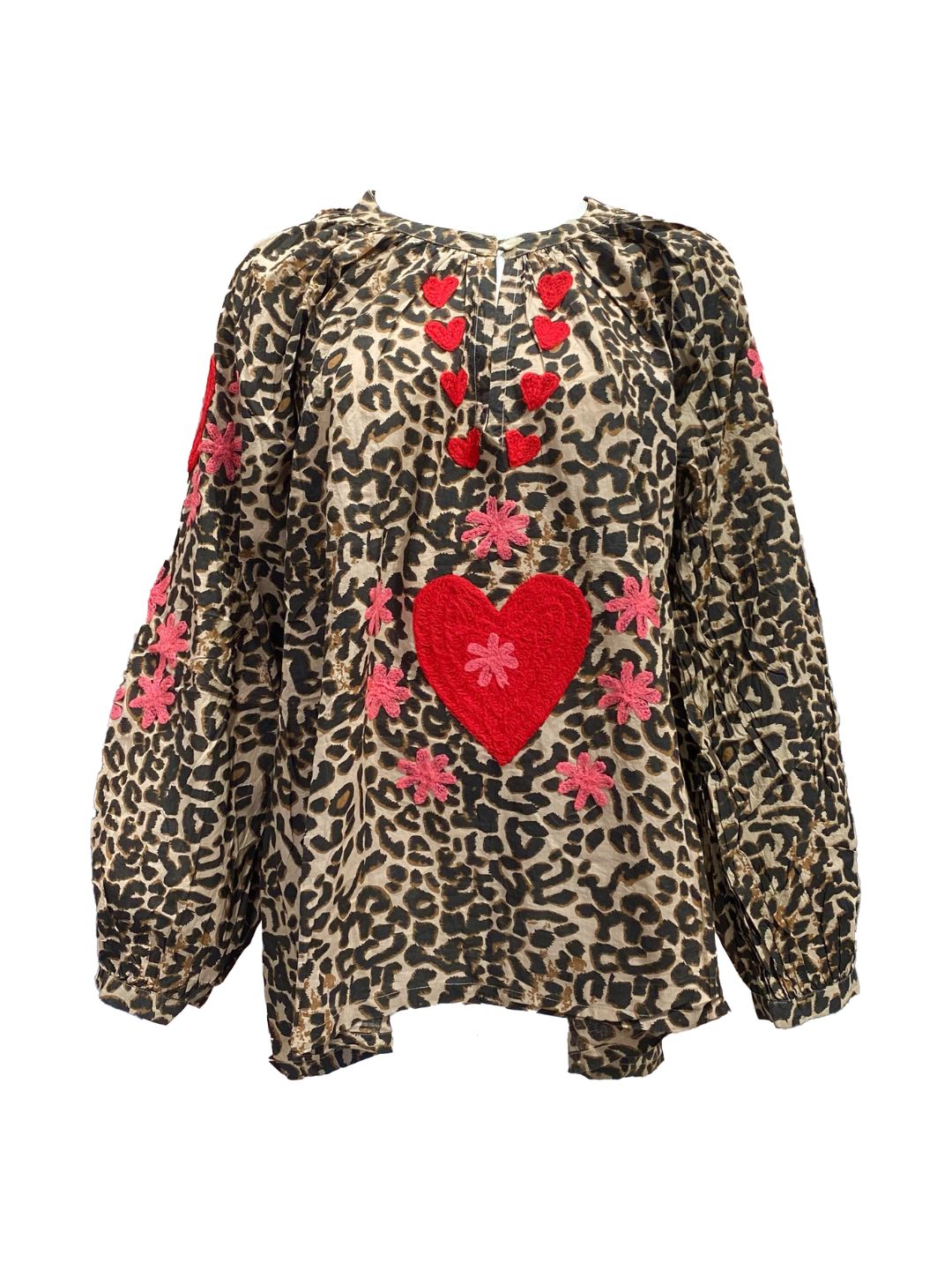 Blusa Donna Leopardata ricamata a mano Rossa e Rosa in cotone