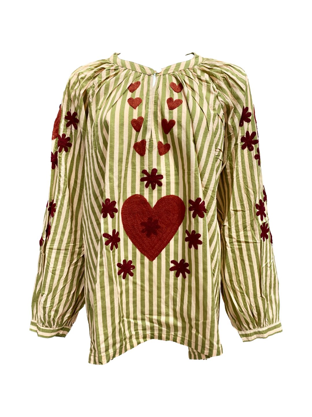 Blusa Donna a righe Beije e Verde con cuori ricamati a mano