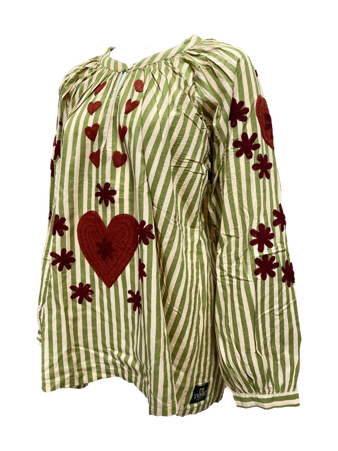Blusa Donna a righe Beije e Verde con cuori ricamati a mano