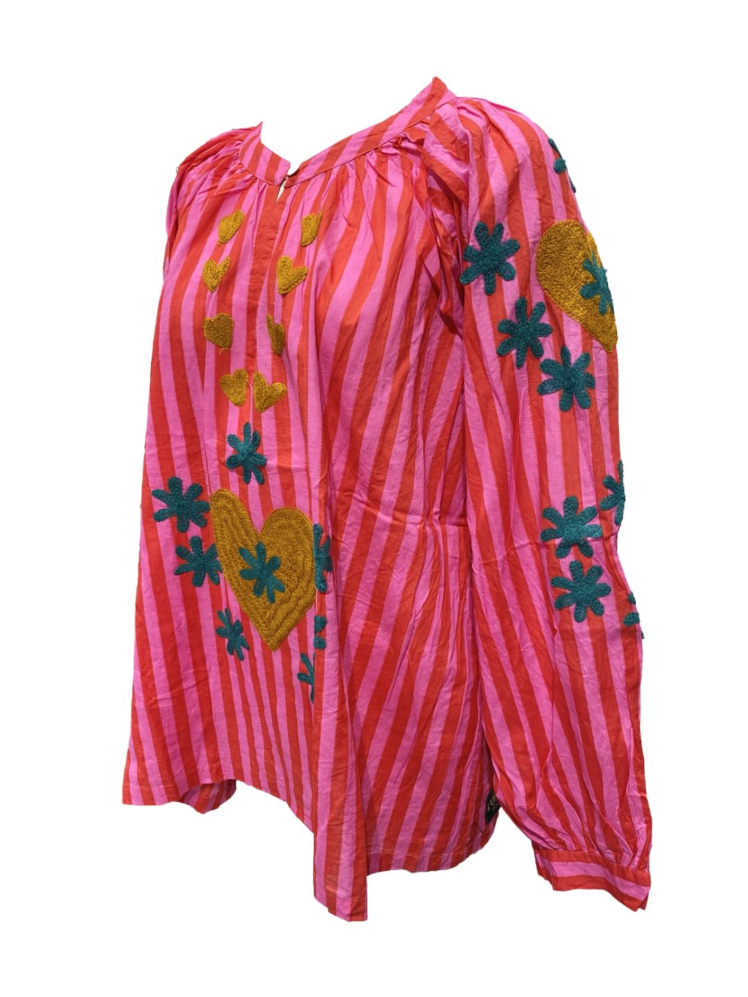 Blusa Donna a righe Fucsia e Rossa con cuori ricamati a mano