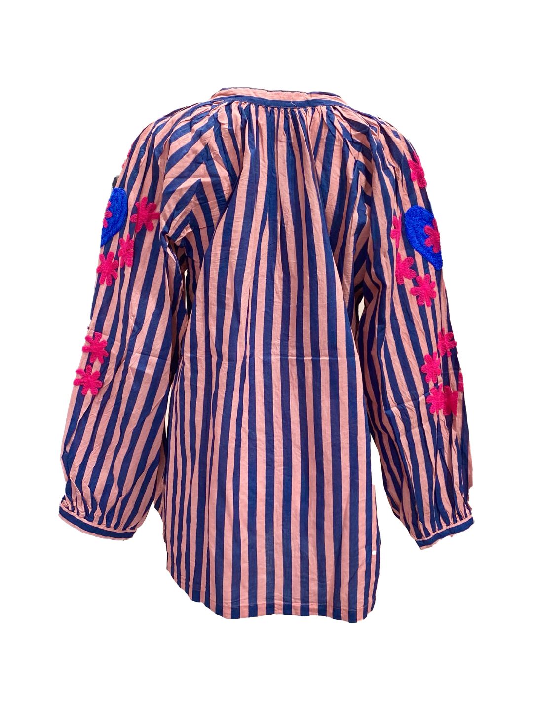 Blusa Donna a righe Rosa e Blu con cuori ricamati a mano
