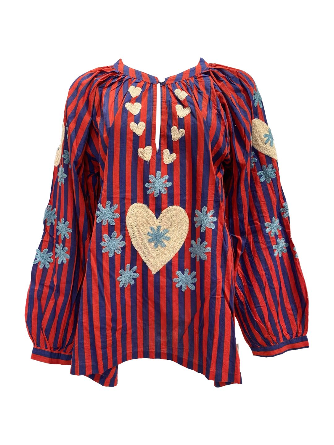 Blusa Donna a righe Rossa e Blu con cuori ricamati a mano
