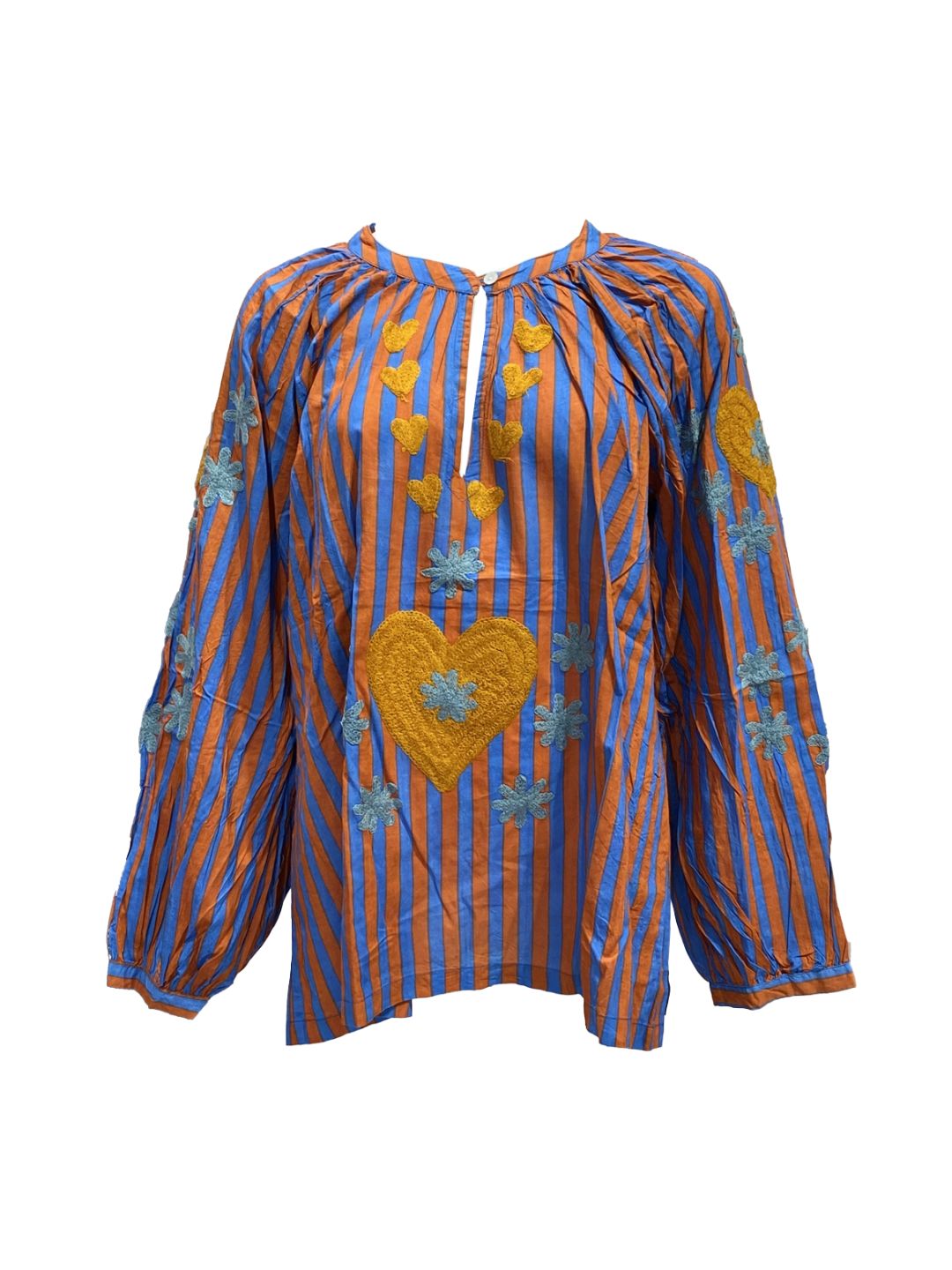 Blusa Donna a righe Terracotta e Blu con cuori ricamati a mano