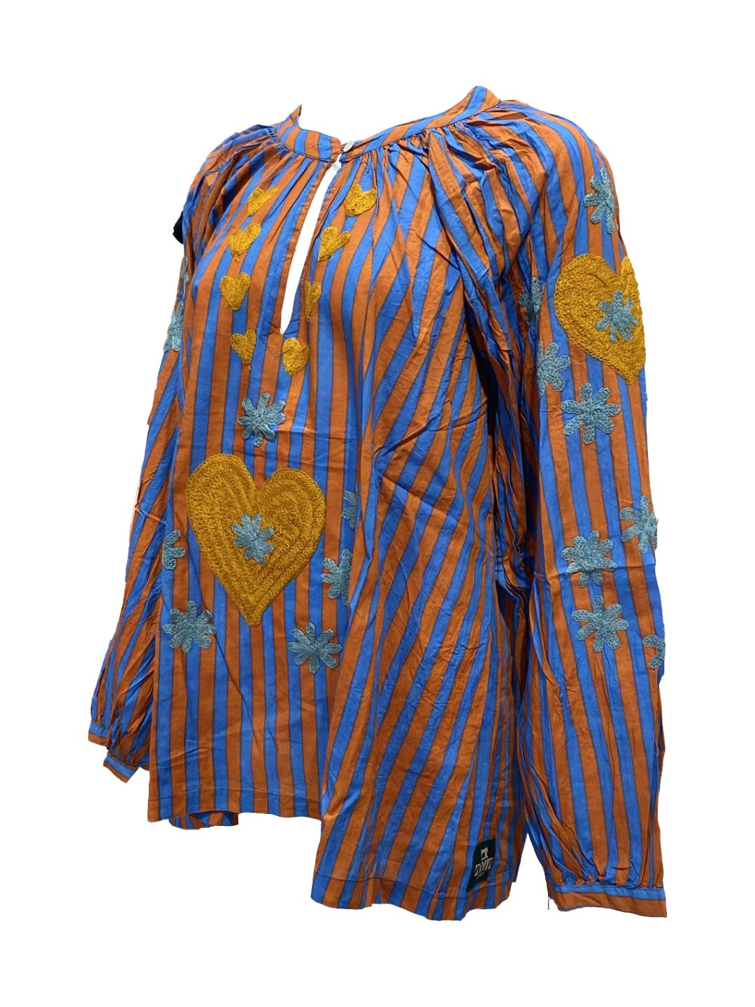 Blusa Donna a righe Terracotta e Blu con cuori ricamati a mano
