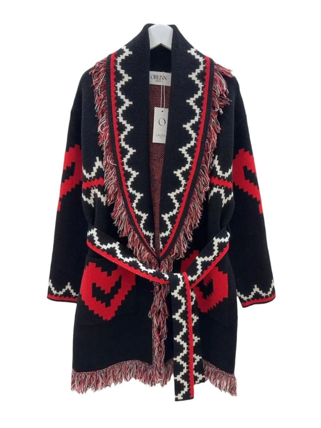 Aztec Cardigan with Fringes in Cream, Burgundy, and Black 357