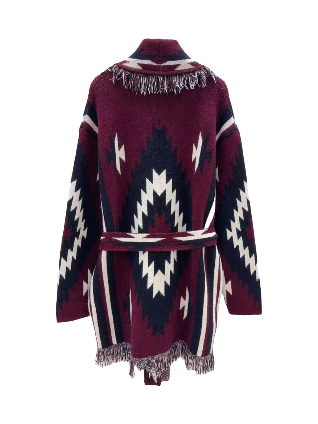 Cardigan Azteco con Frange Borgogna Nero e Panna 358