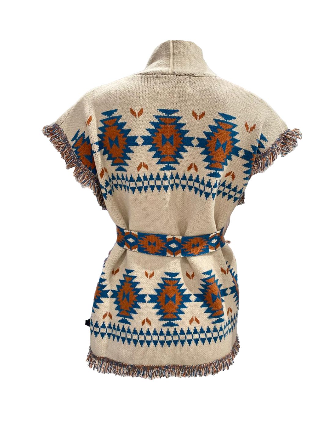 Gilet Fantasia Azteco con Frange-Beije petrolio e nocciola 523
