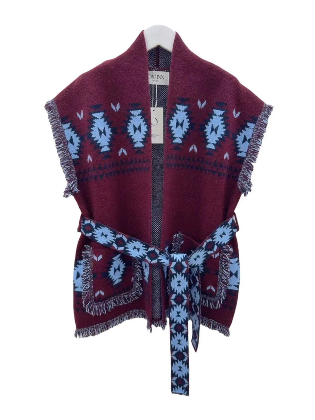 Gilet Fantasia Azteco con Frange-Bordeaux Azzurro e Blu Notte 523