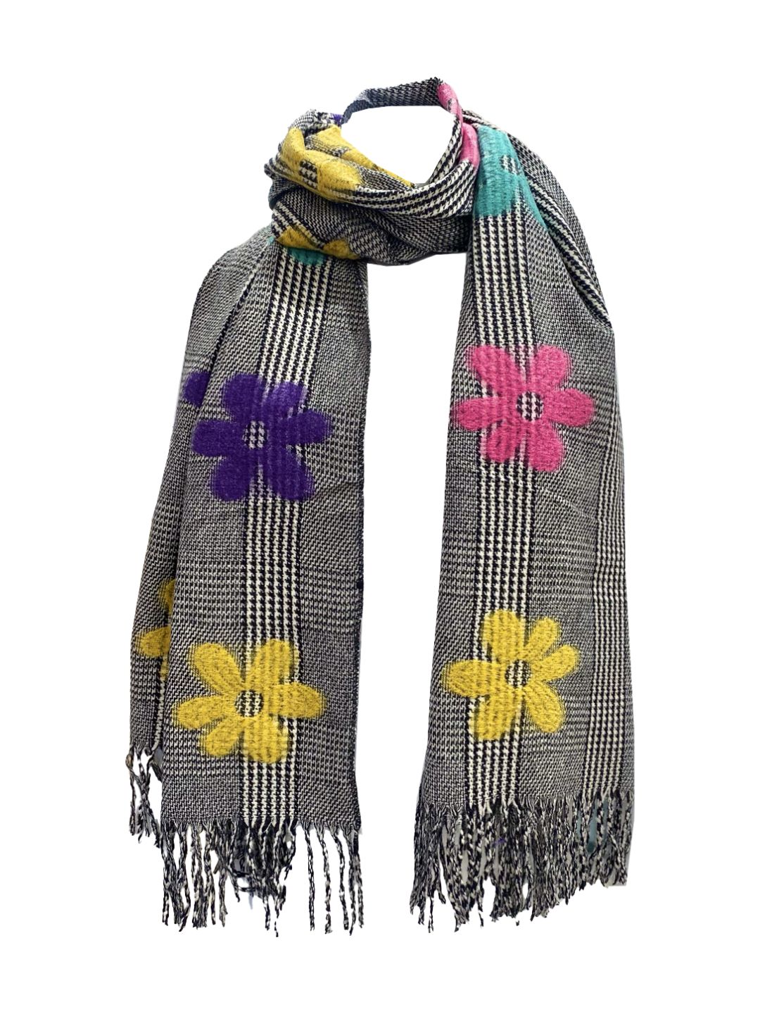 Black Houndstooth Scarf with Flowers