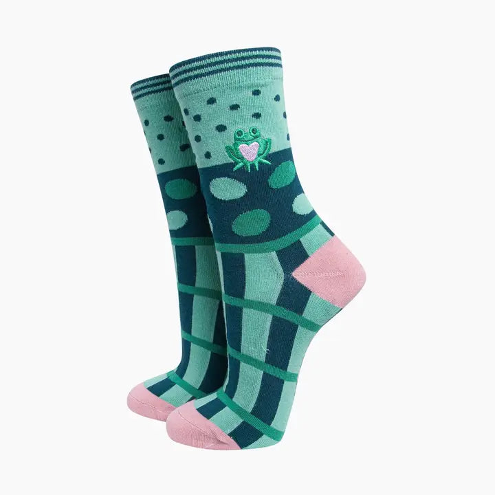 CALZINI IN Cotone Pettinato Ricamato con motivo a rana Verde Menta 4419FROGGR
