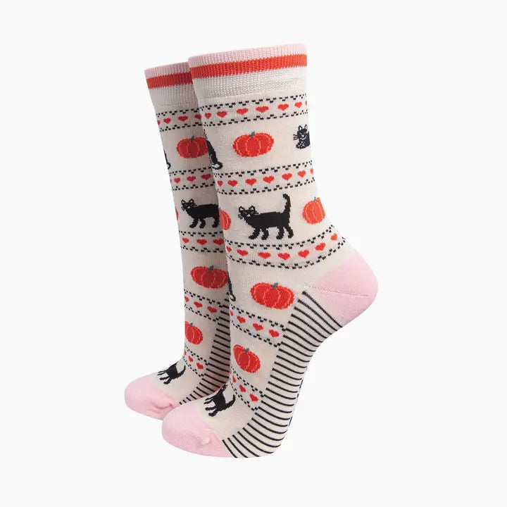 CALZINI IN BAMBÙ Crema con Gatto Nero e Zucca 4478CATPCR
