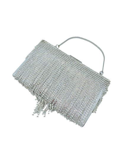 Pochette Clutch Rettangolare Frange Strass Argento 2329