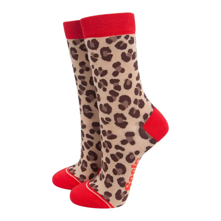 CALZINI IN BAMBÙ con stampa leopardata Beije e Rosso 4449LEOPNEU