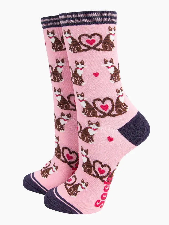 CALZINI IN BAMBÙ Rosa con Gatti e Code a Forma di Cuore 4478CATHPI