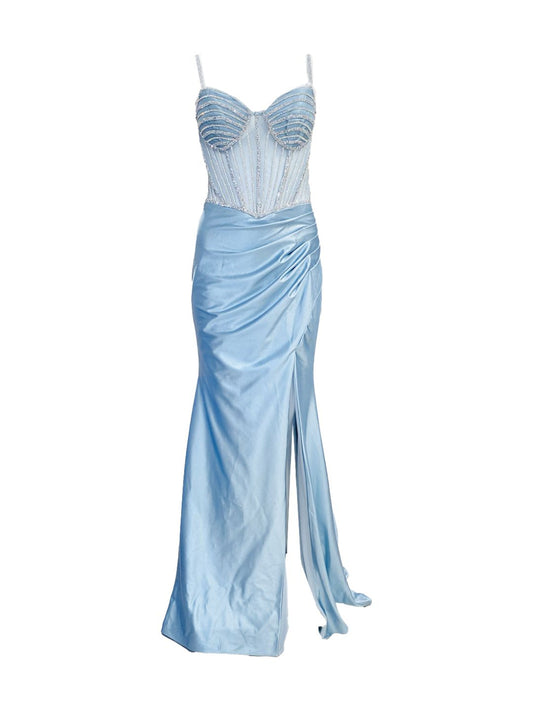 ABITO DA CERIMONIA ADERENTE IN RASO AZZURRO E STRASS 6619