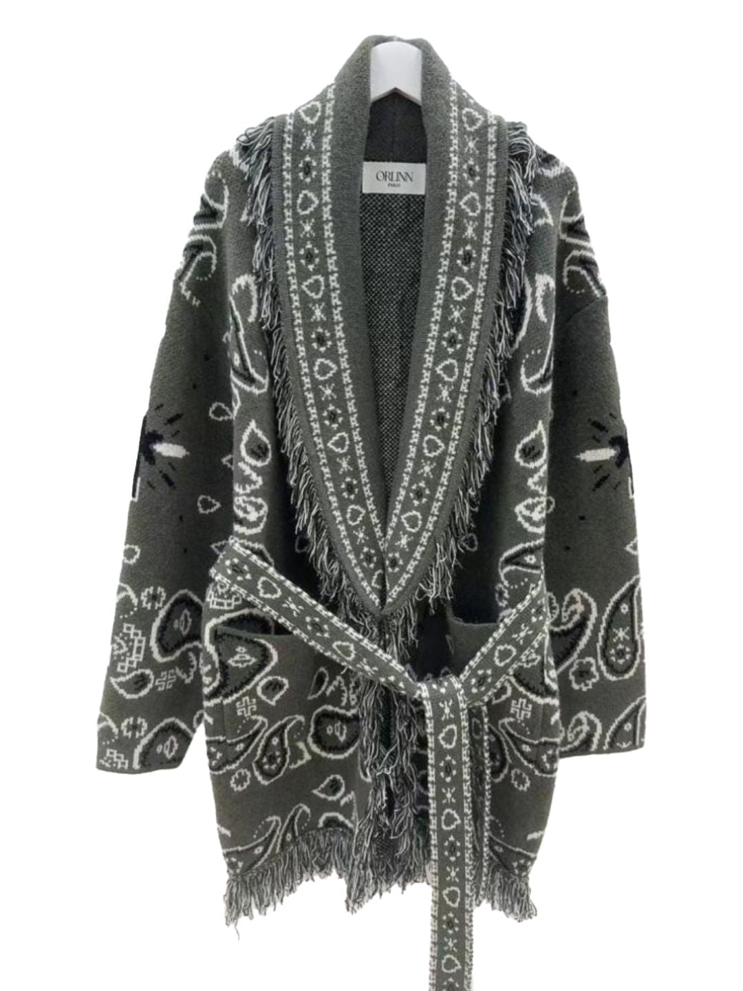 Military Green Bandana Cardigan with Fringes