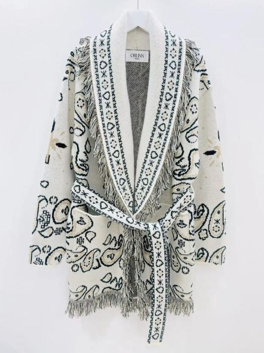 Cardigan Bandana con Frange Bianco