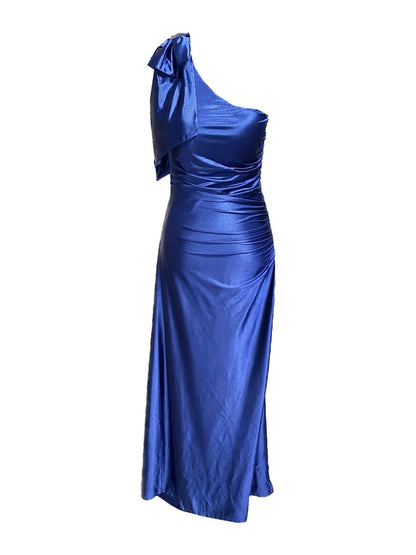 ONE-SHOULDER CEREMONIAL DRESS IN NIGHT BLUE SATIN 146