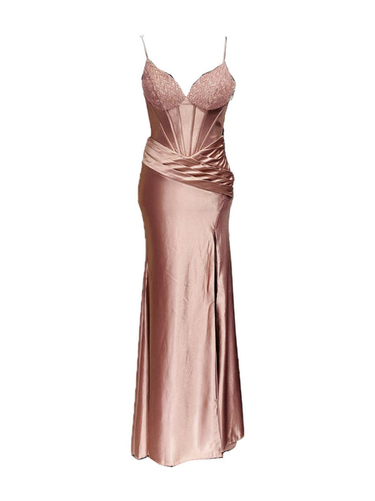 ABITO DA CERIMONIA ADERENTE IN RASO ROSA 701