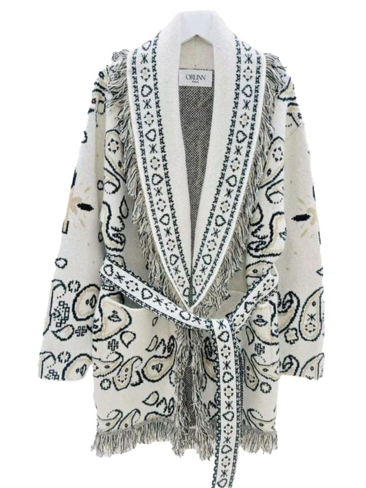 Cardigan Bandana con Frange Bianco