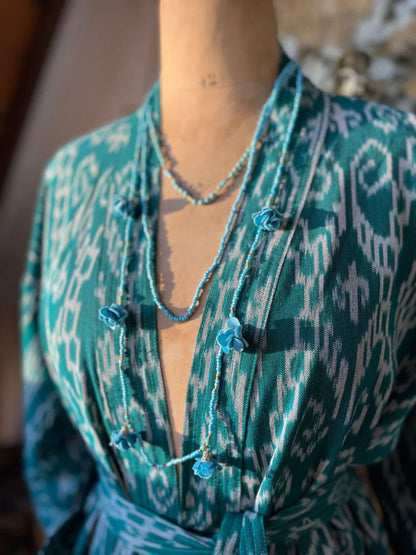 COLLANA TRE FILI – PERLE & FIORI TURCHESE
