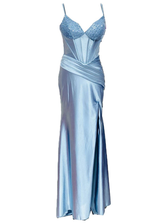 ABITO DA CERIMONIA ADERENTE IN RASO AZZURRO 701