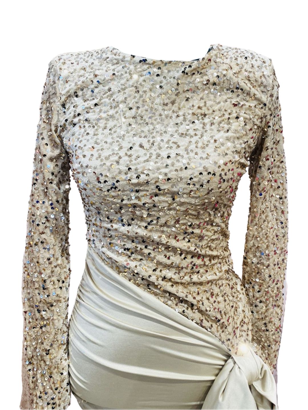 ELEGANT GOLDEN DRESS WITH SEQUINS AND DRAPING
