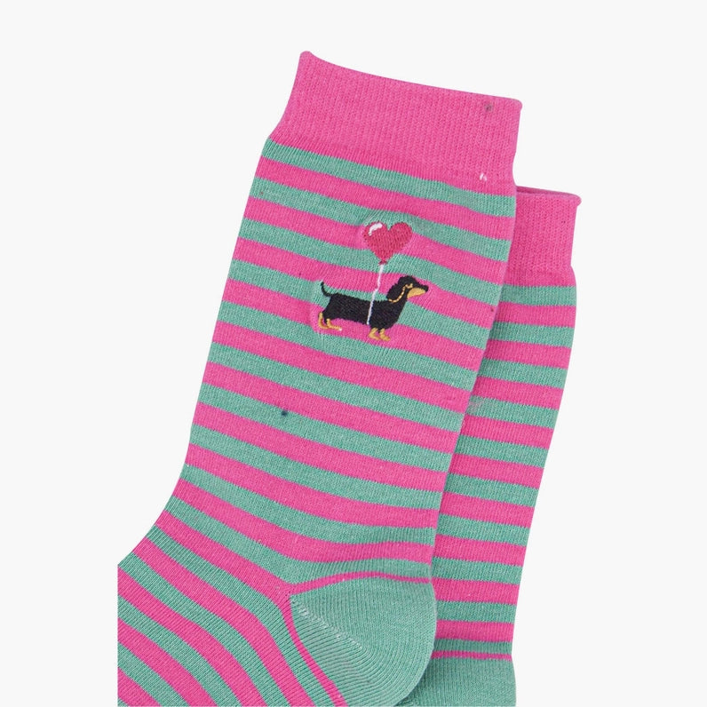CALZINI IN BAMBÙ Ricamati Rosa, a righe con bassotto 4535DASTPI