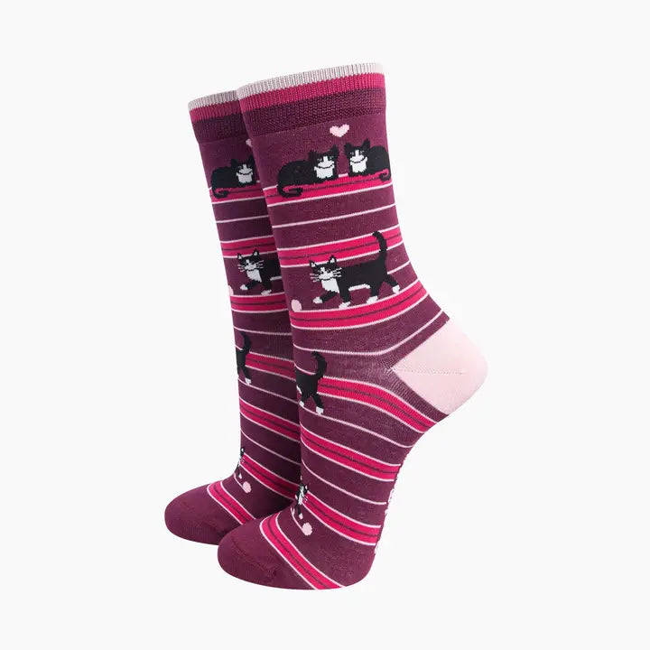 CALZINI IN BAMBÙ Bordeaux Righe con Gatto 4614BCATBY