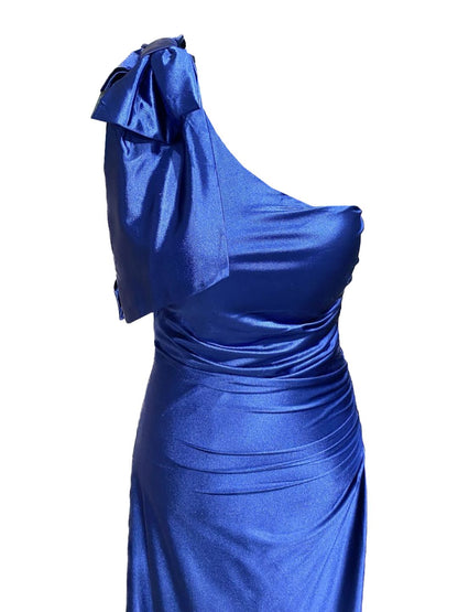 ONE-SHOULDER CEREMONIAL DRESS IN NIGHT BLUE SATIN 146