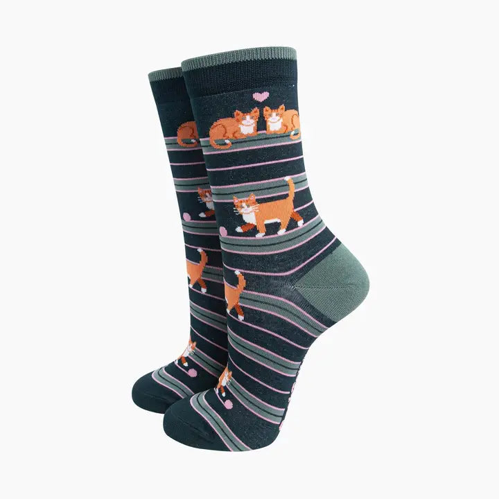 CALZINI IN BAMBÙ Verde Scuro Righe con Gatto 4614TCATFG