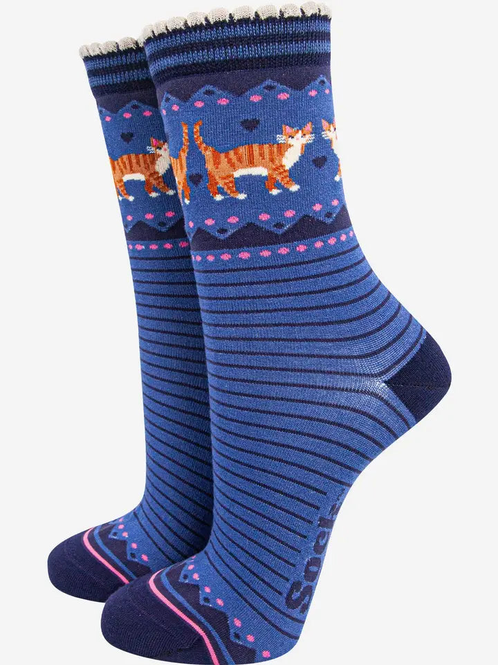 CALZINI IN BAMBÙ Blu denim/Blu navy, Gatti zenzero 4478GCATDB