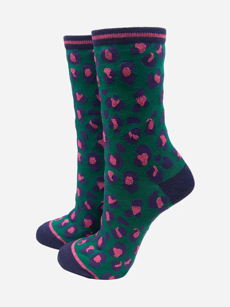 CALZINI IN BAMBÙ con stampa leopardata Verde e Rosa 4449LEOPGR