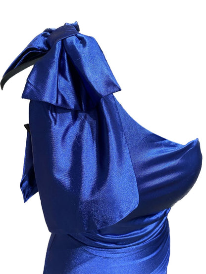 ONE-SHOULDER CEREMONIAL DRESS IN NIGHT BLUE SATIN 146